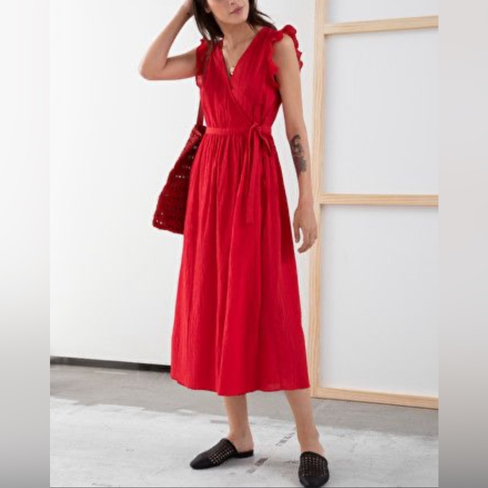 & Other Stories Women's Swift Dots Wrapped Red Midi Dress Sz. 2